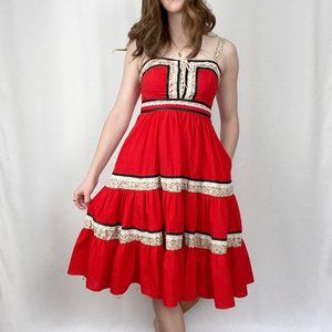 Vintage Cottagecore Tiered Floral Lace Milkmaid Alps German Peasant Midi Dress
